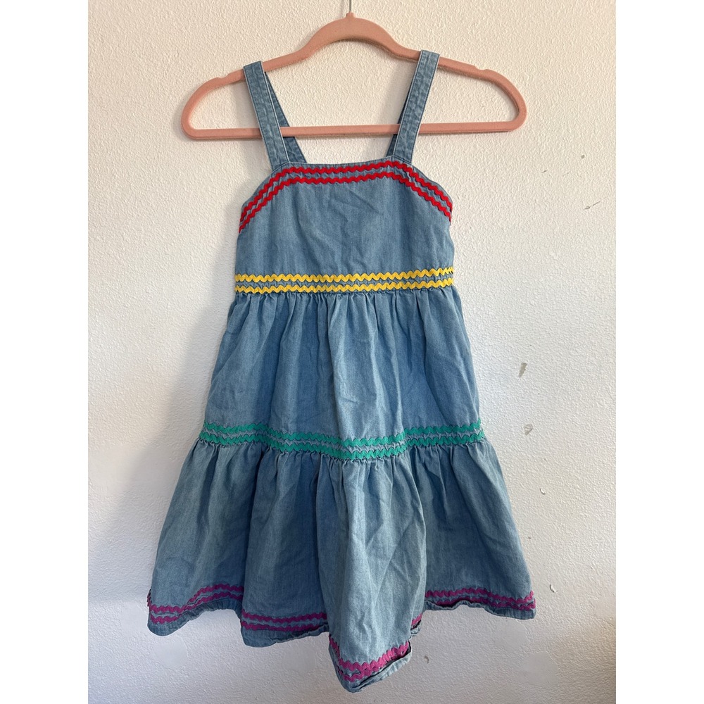 Kids Denim Rickrack Tiered Pinafore Dress Light Wash Blue Sleeveless Cotton